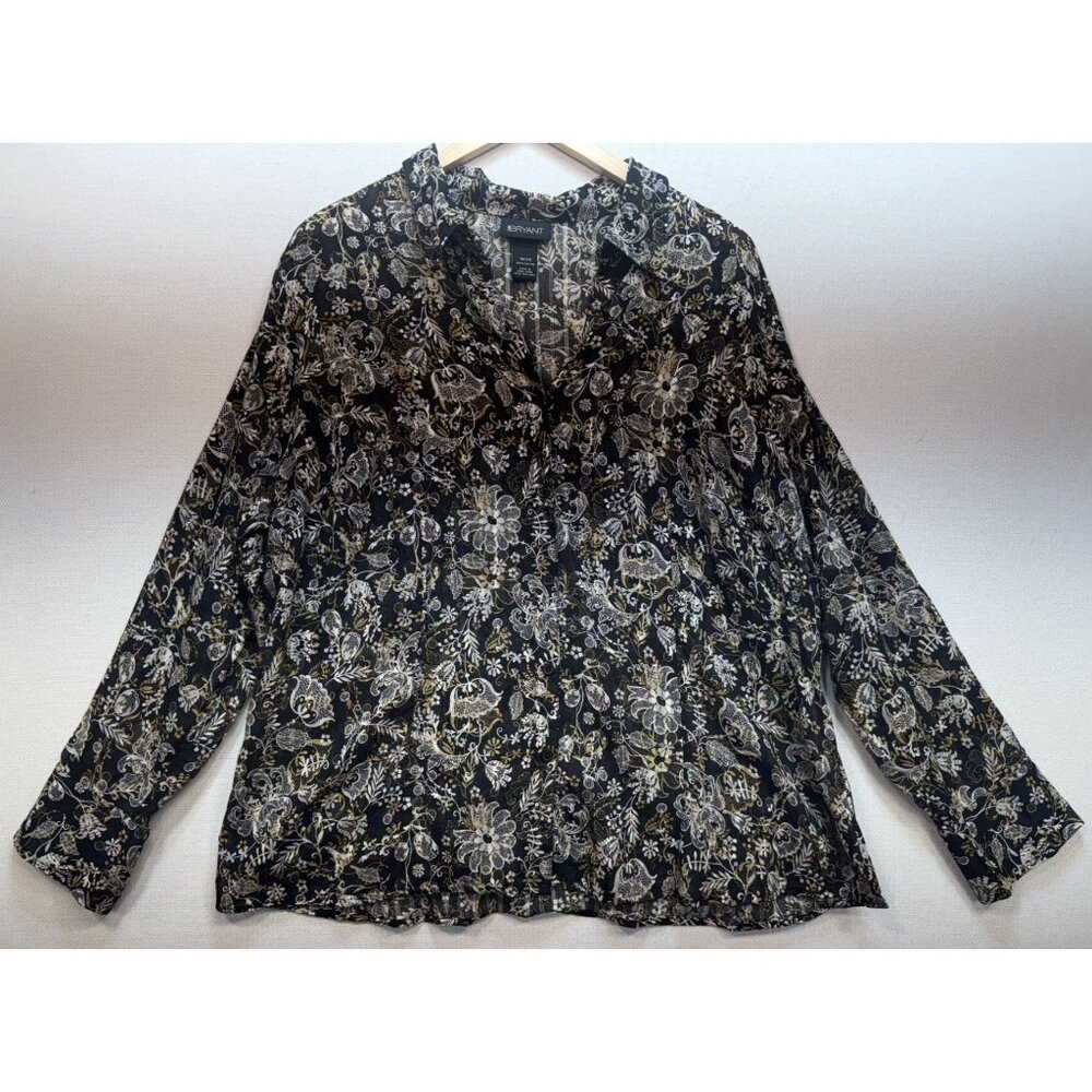 Lane Bryant Women Button Up Shirt Blouse Sz 18/20 Black White Floral Long Sleeve